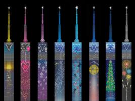 福岡タワーが博多どんたくの夜に全8種類の「イルミコレクション」を点灯